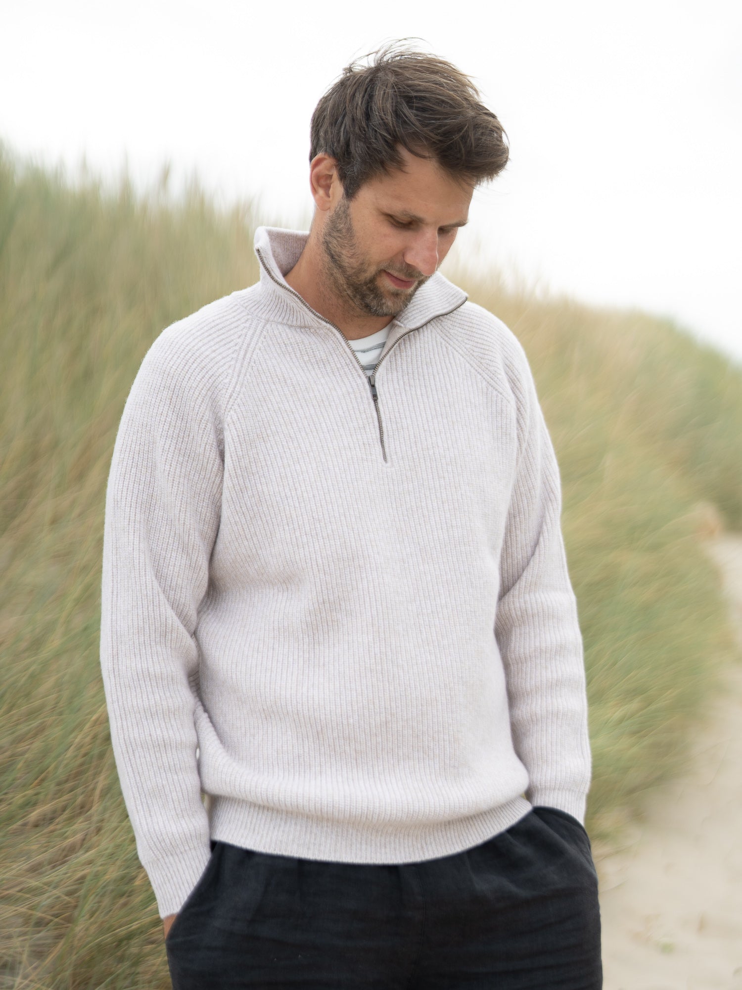 Männer Merino Troyer beigemeliert mit halbem Reißverschluss – fair produziert in Italien aus reiner Merinowolle