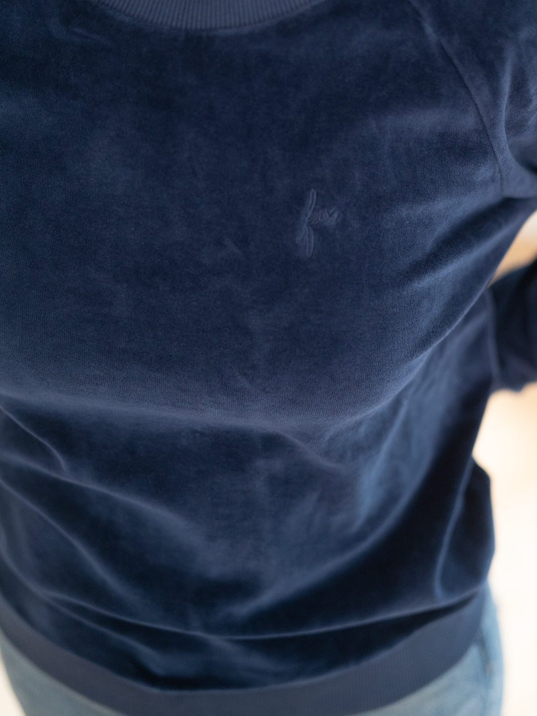 fux Stick auf Samt Pullover in navy für Frauen - kuschelig, weich & 100% GOTS zertifizierte Biobaumwolle