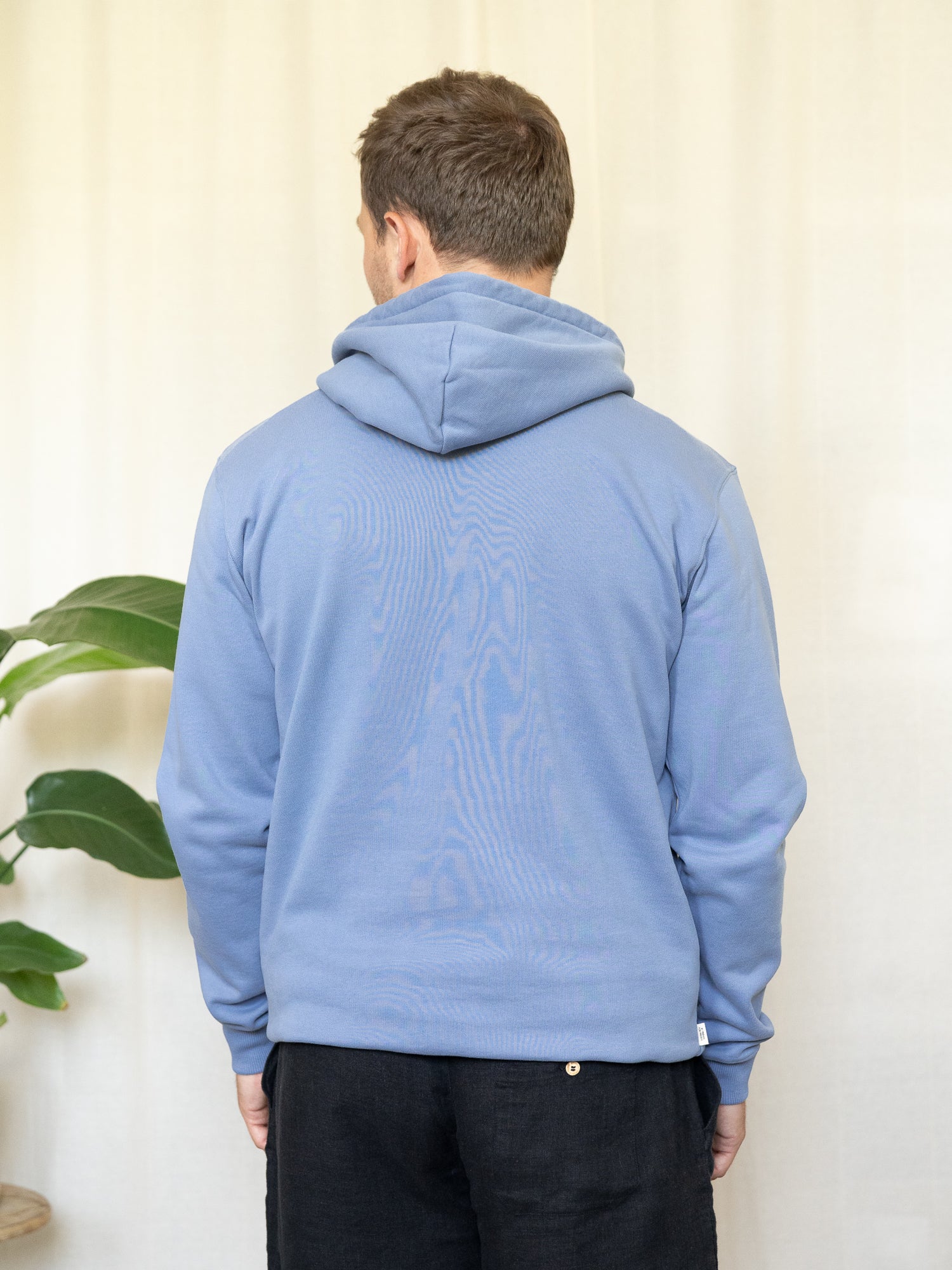 Rückansicht eines himmelblauen Unisex-Hoodies aus Biobaumwolle, getragen von einer Person mit kurzen Haaren.