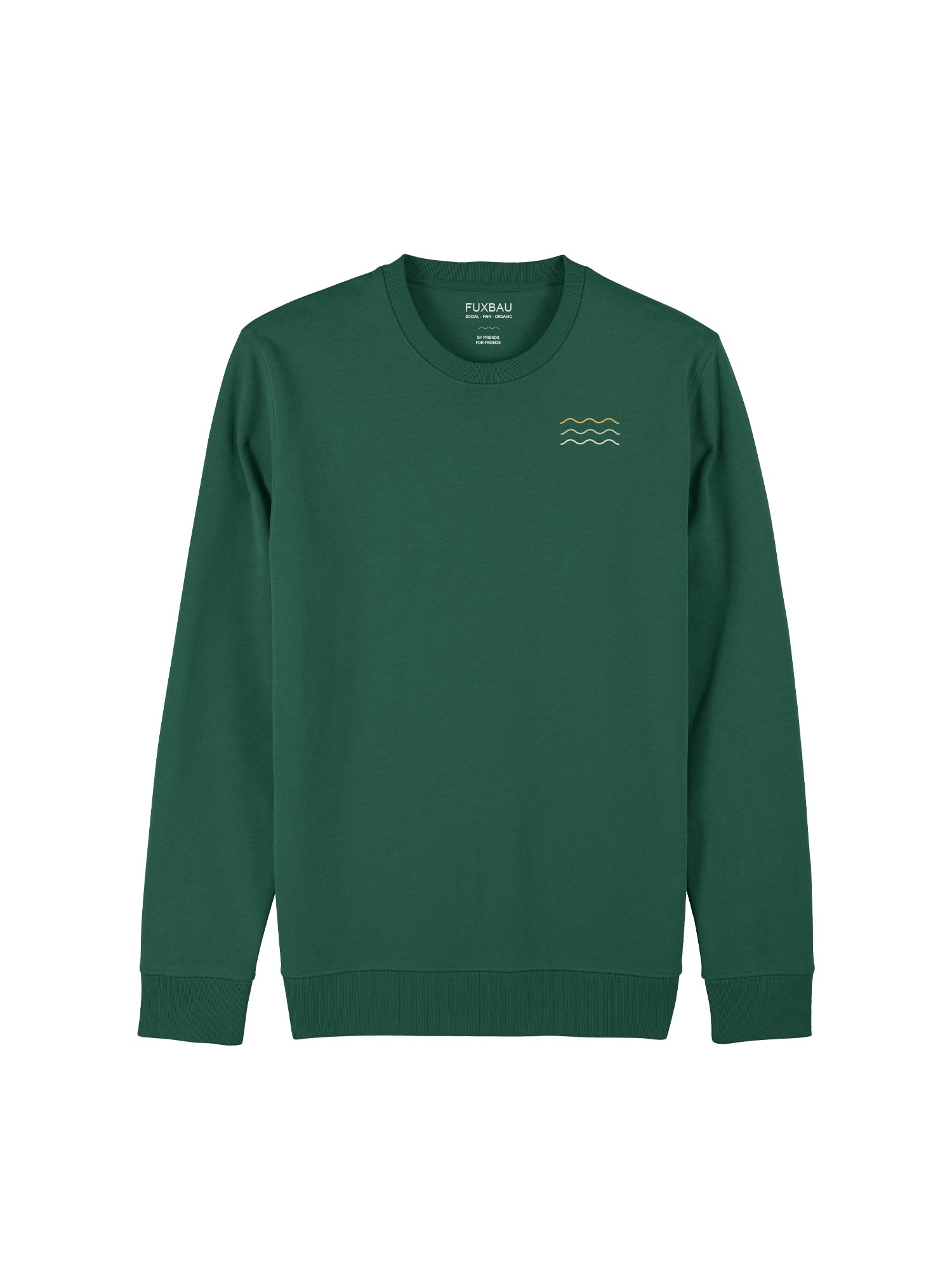 Produktbild eines nachhaltigen Fair Fashion Unisex Pullover von FUXBAU in grün mit einer Wellen Stickerei aus Biobaumwolle.