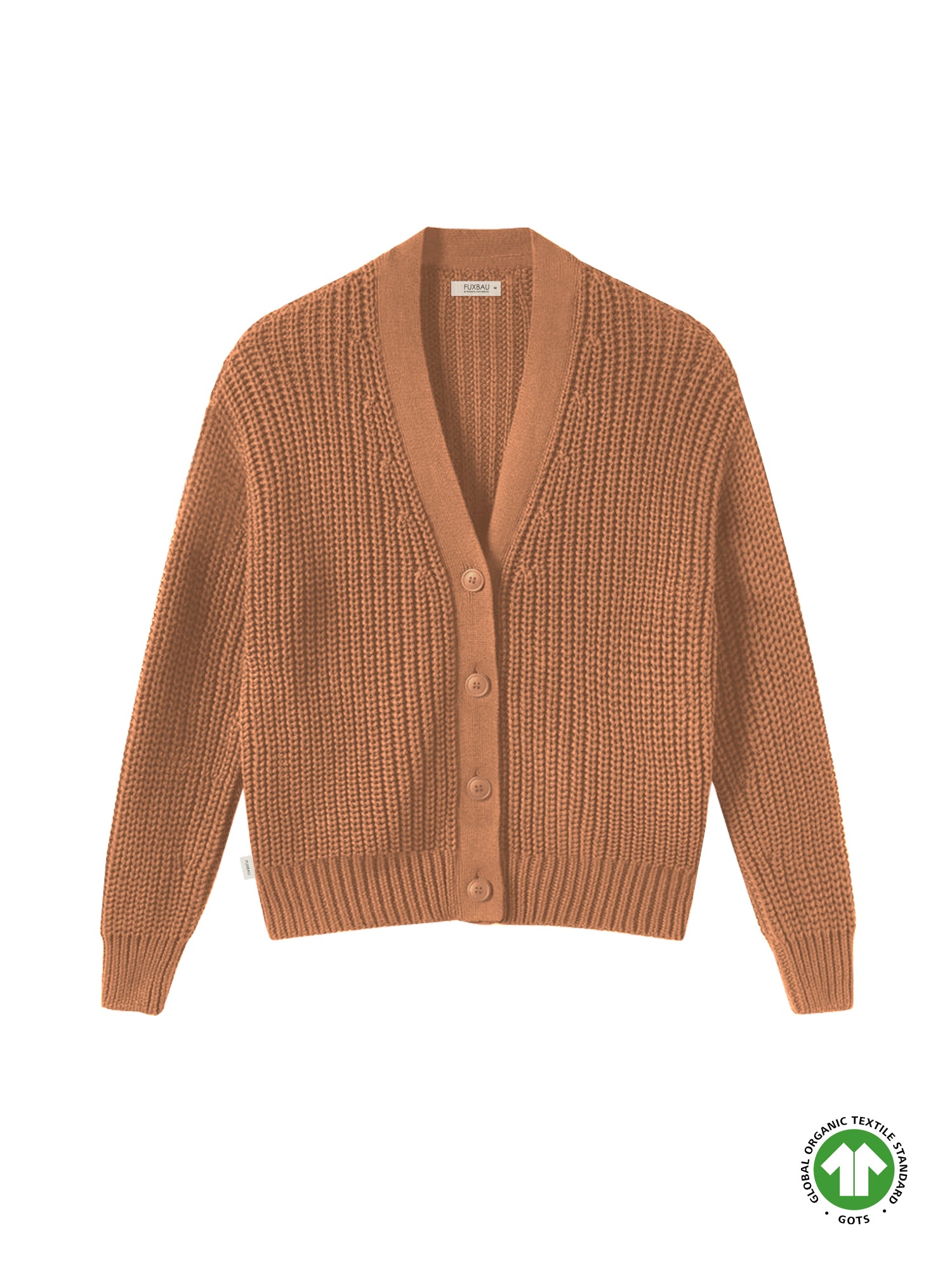 FUXBAU 4Seasons Frauen Strickjacke in rostbraun aus 100% GOTS zertifizierter Biobaumwolle