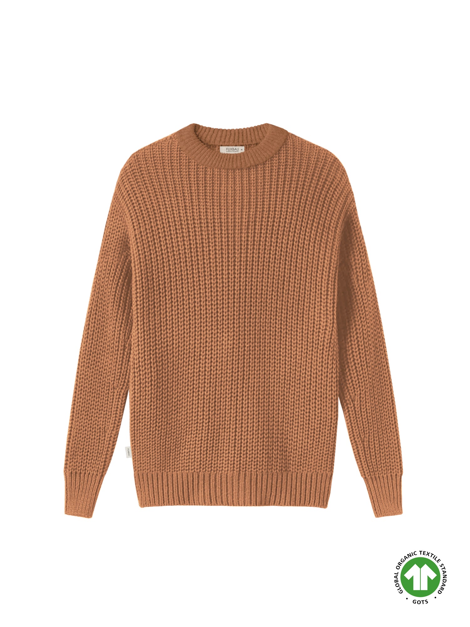Nachhaltiger FUXBAU Fair Fashion Strickpullover in rostbraun aus 100% GOTS zertifizierter Bio-Baumwolle. Gefertigt unter fairen und nachhaltigen Bedingungen in Italien.