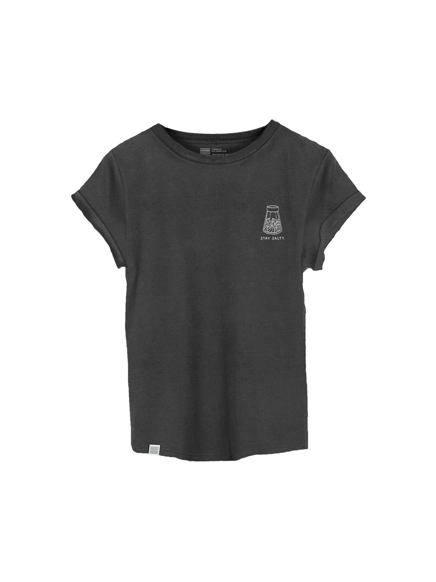 Fair Fashion Frauen Stay Salty T-Shirt designed bei Pia Himmelein and made in Portugal in salzschwarz