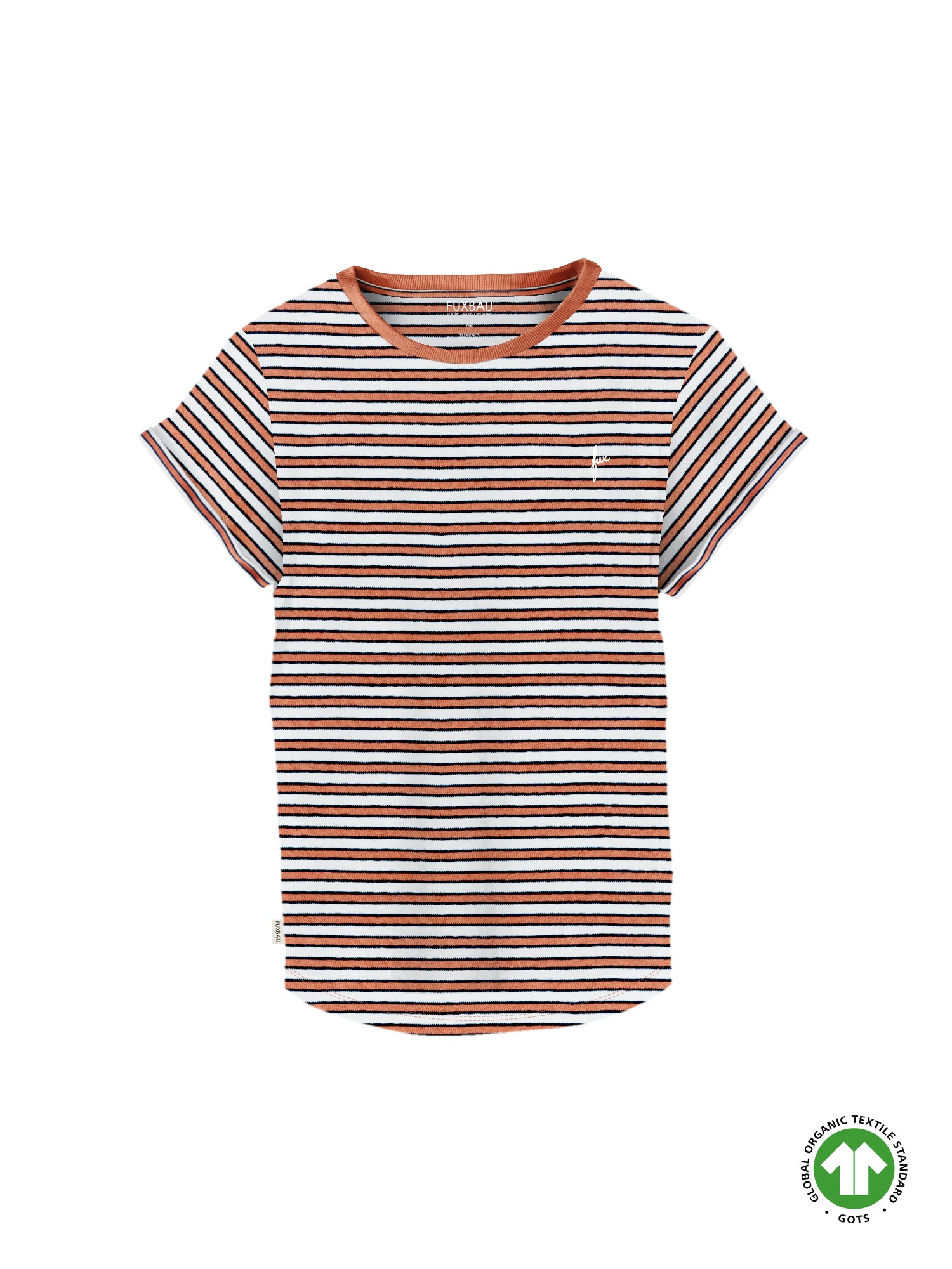 Nachhaltiges FUXBAU Fair Fashion Streifenshirt in  coral orange, weiss, navy gestreift aus 100% GOTS zertifizierter Biobaumwolle.