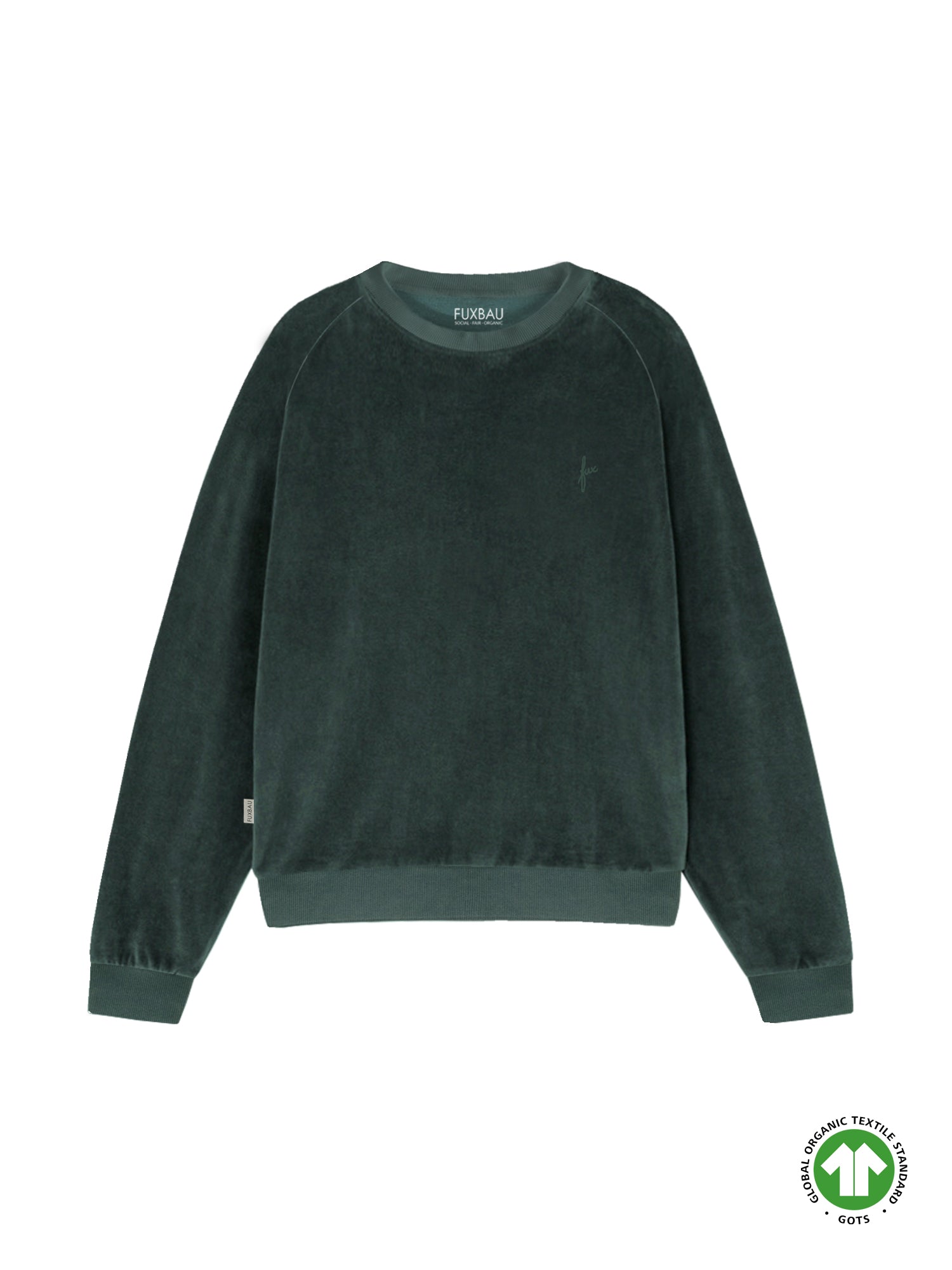 Fair Fashion FUXBAU Frauen Samt Sweater in grün aus 100% GOTS zertifizierter Biobaumwolle made in Portugal.