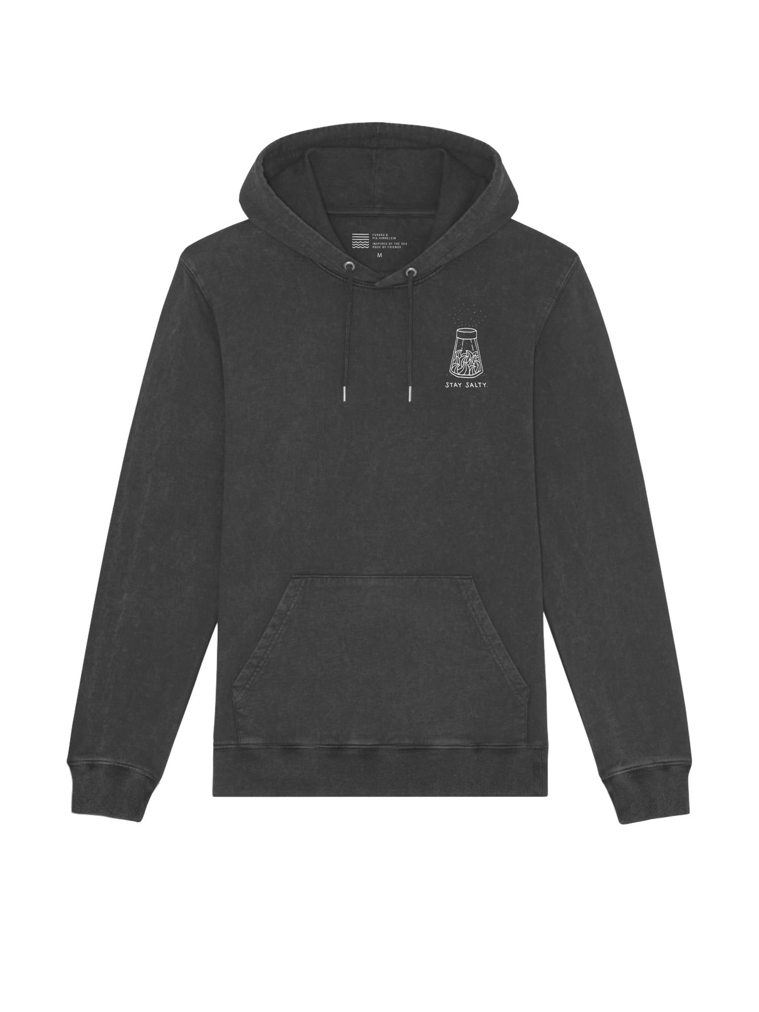 Nachhaltige Unisex Stay Salty Hoodie in salzschwarz von FUXBAU aus 100% GOTS zertifizierter Biobaumwolle und fair in Portuzgal hergestellt