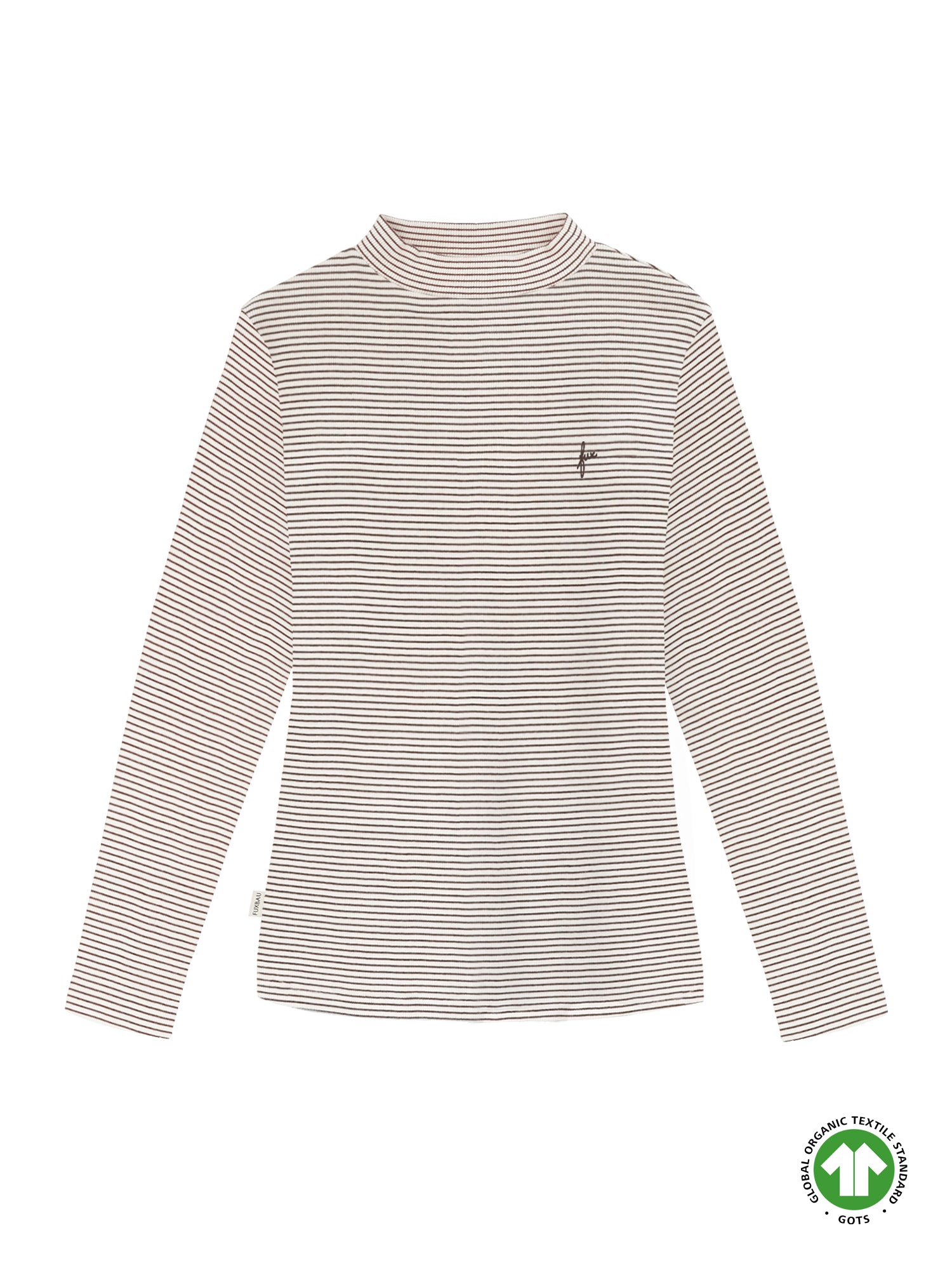 Nachhaltiges und faires Frauen Fitted Stehkragen Longsleeve in creme braun gestreift aus 100% GOTS zertifizierter Biobaumwolle und made in Portugal von FUXBAU