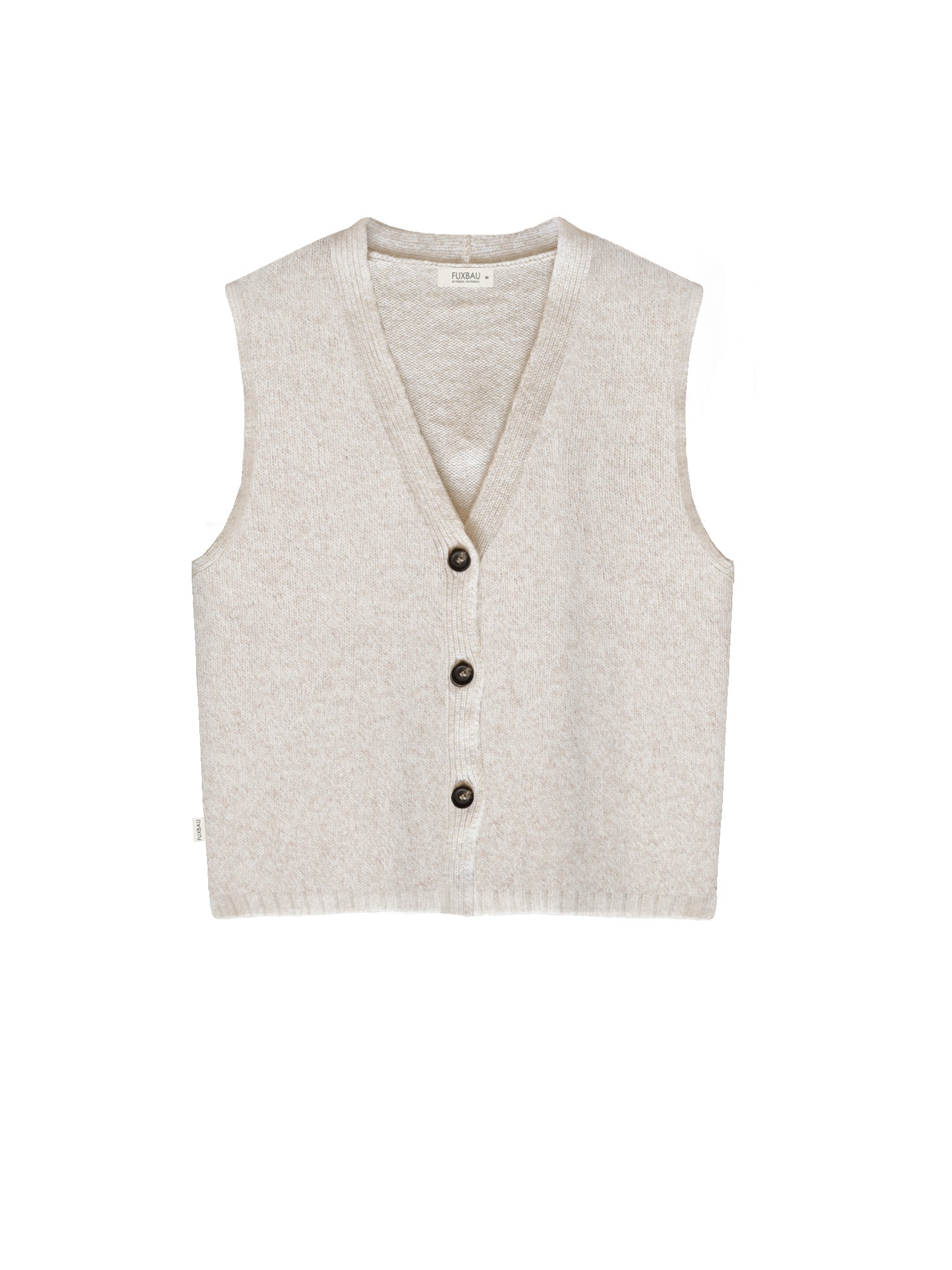 FUXBAU Strickweste Damen aus Merinowolle in Beigemeliert – nachhaltige, fair gefertigte Weste mit Knopfleiste Made in Germany