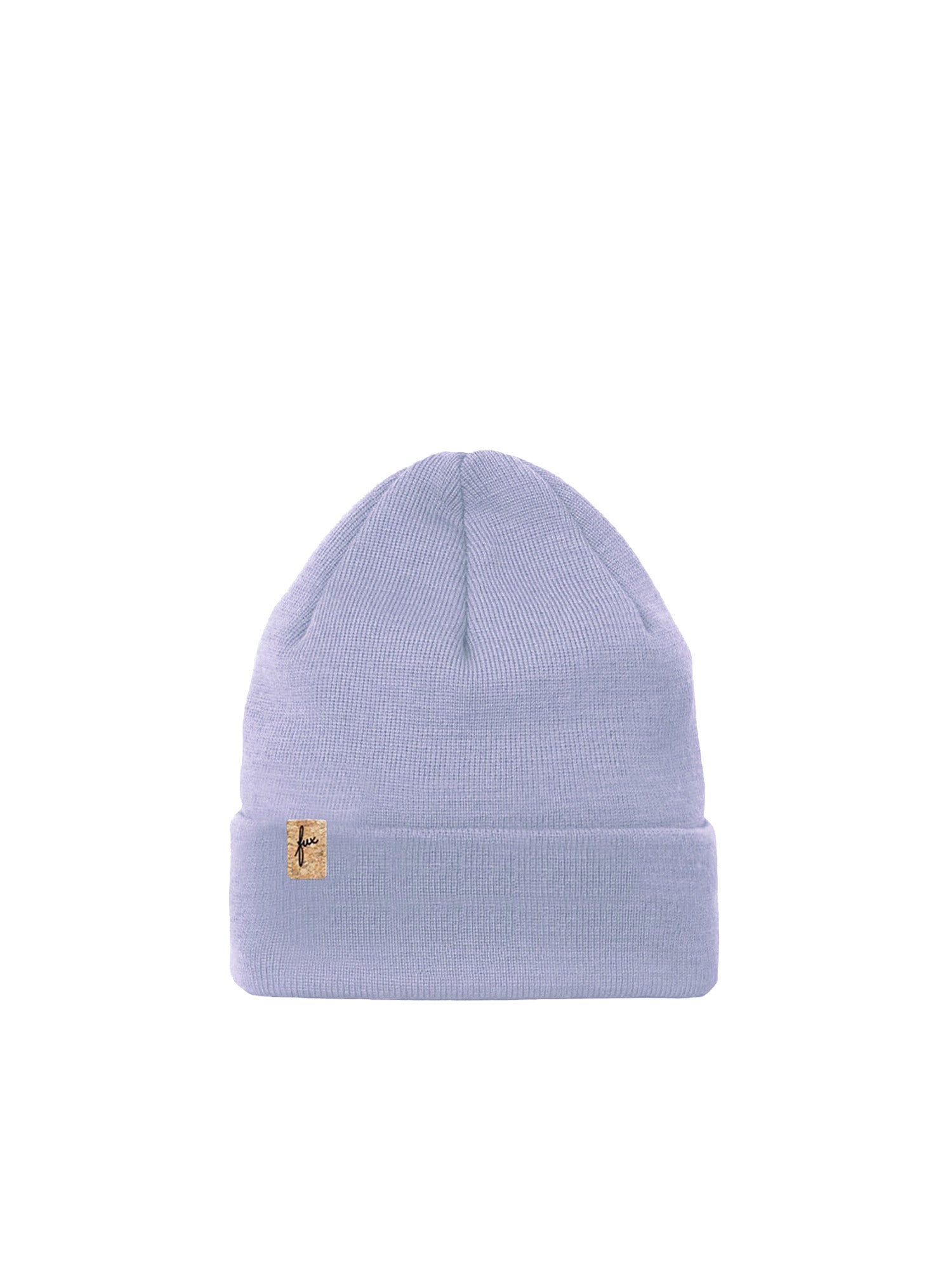 Nachhaltige Fair Fashion Merino Kork Beanie made in Germany in lavendel für kKinder aus 100% Merinowolle und dezentem fux Kork Patch