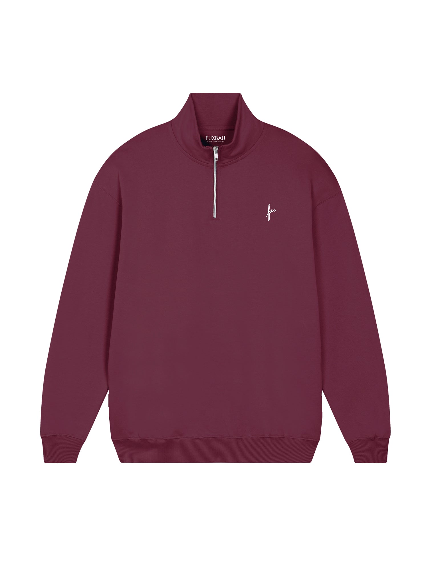 FUXBAU Männer Half-Zip Sweater in Bordeaux – nachhaltiger Pullover aus 100% Biobaumwolle, fair produziert in Portugal.
