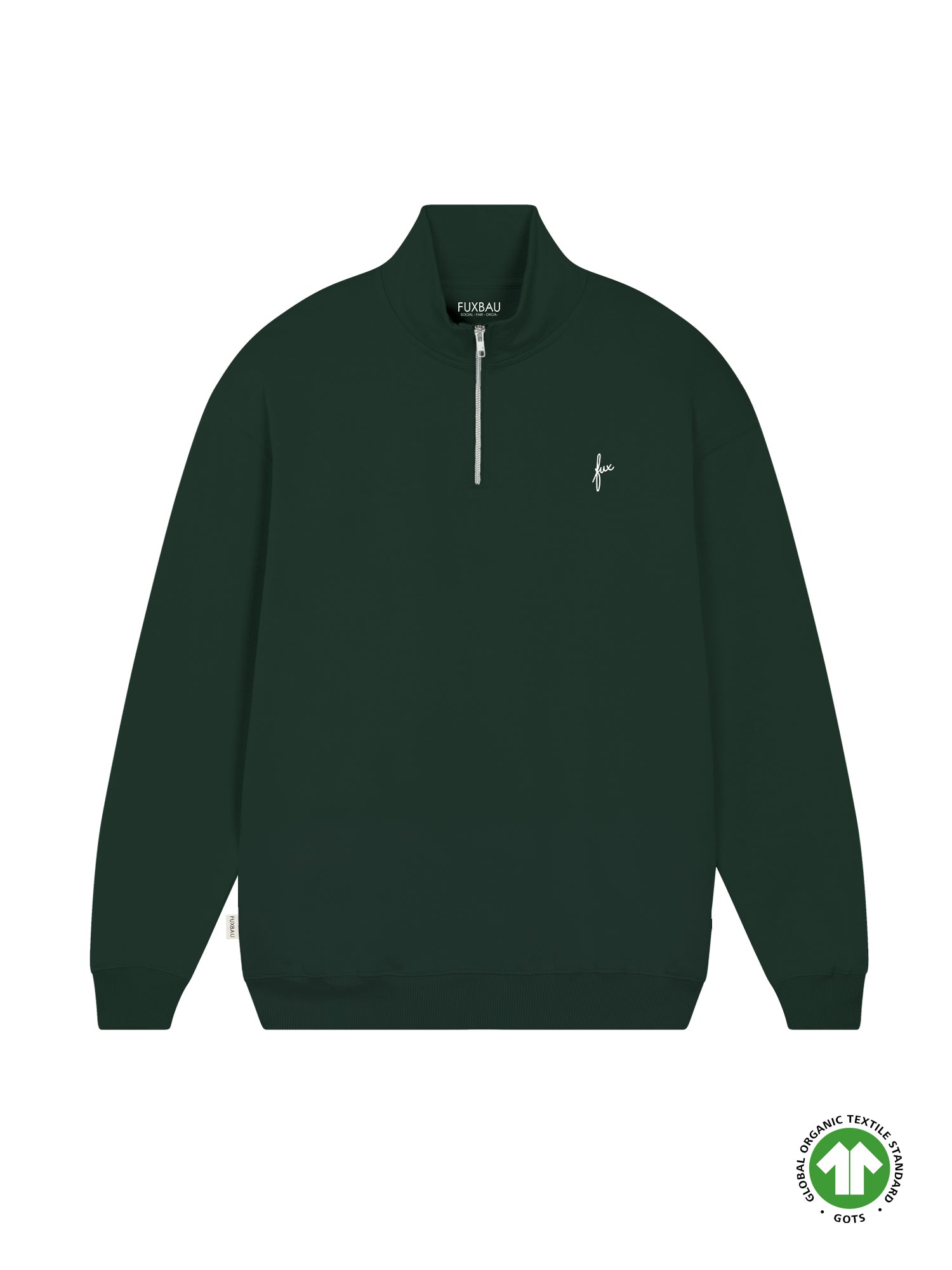 Nachhaltiger Fair Fashion Half Zip Sweater von FUXBAU in grün mit YKK Reissverschluss aus Biobaumwolle und Viscose gefertigt in Deutschland.