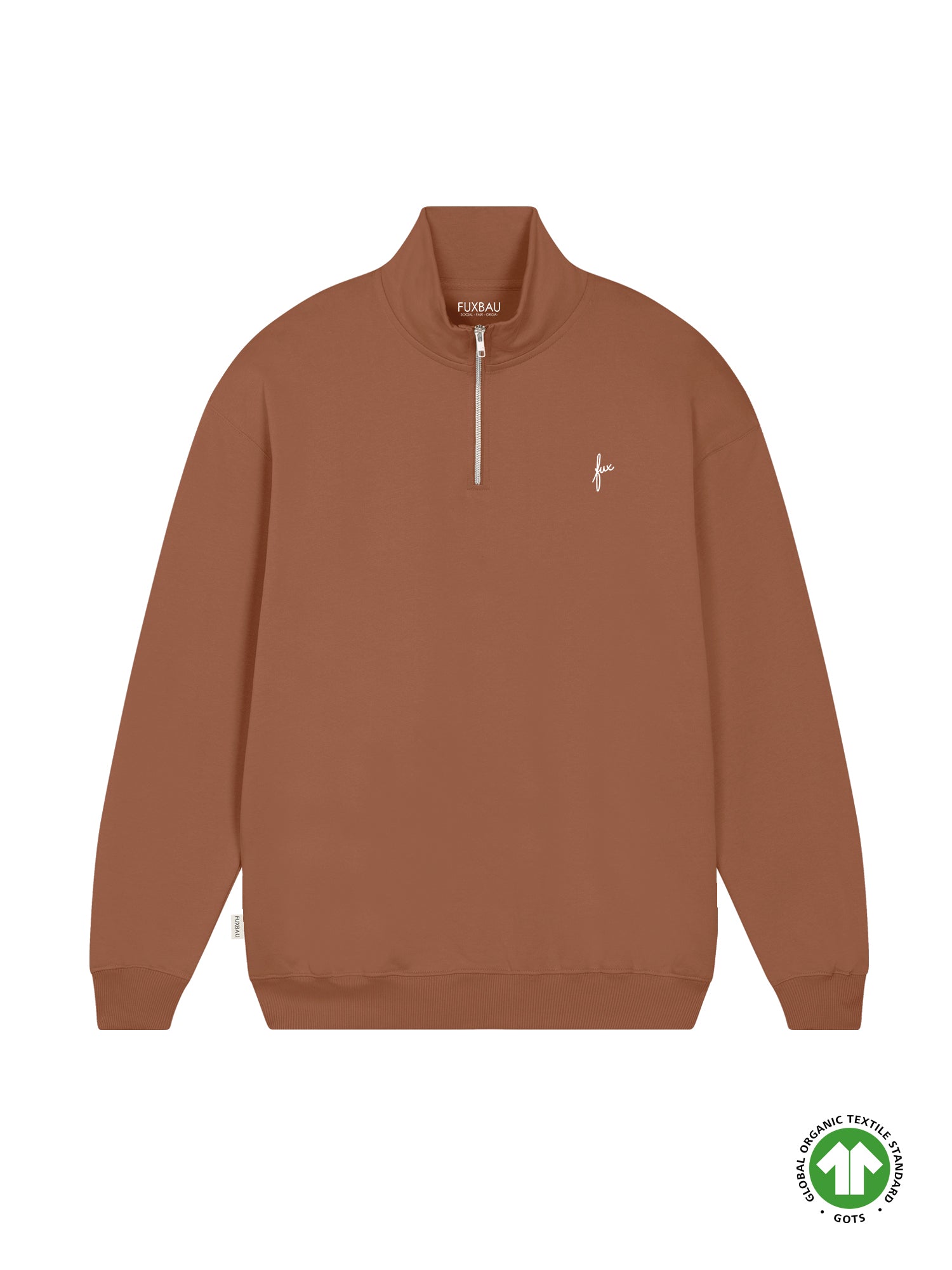 Nachhaltiger und fairer Männer fux Half Zip Sweater in karamell aus 100% GOTS zertifizierter Biobaumwolle und made in Portugal.