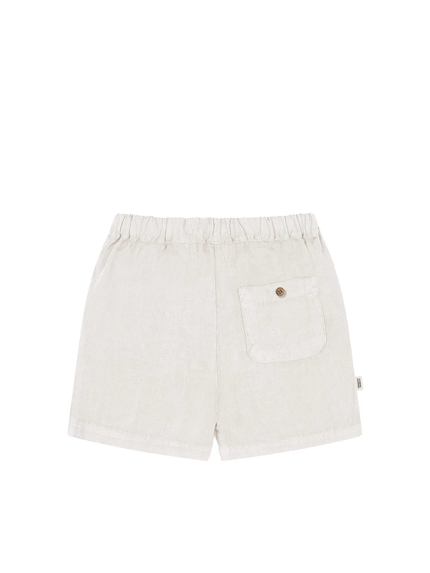 Produktrückseite unserer FUXBAU Fair Fashion Männer Leinenshorts in cremeweiß aus 100% Leinen und fair hergestellt in Portugal