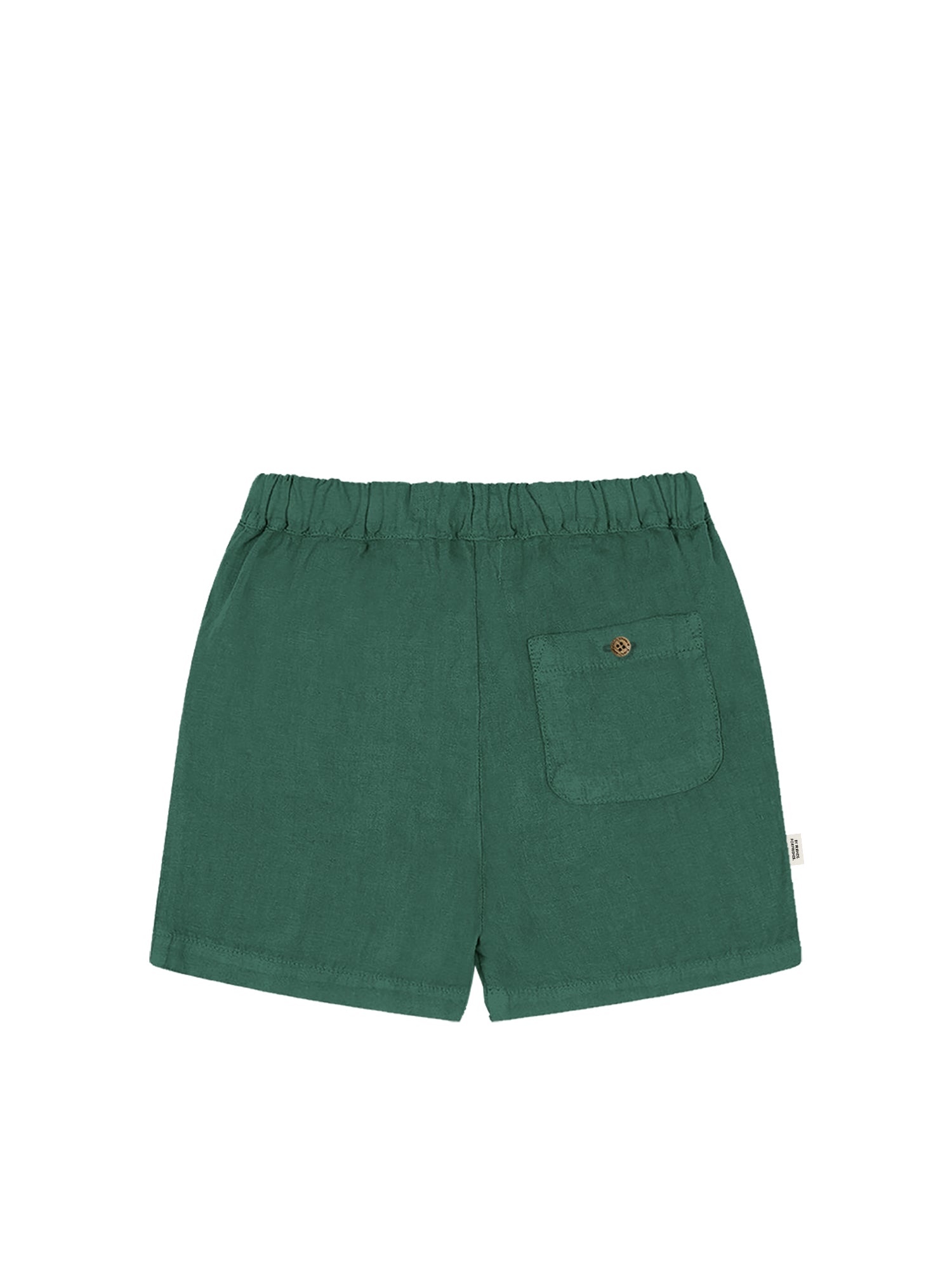 Produktrückseite unserer FUXBAU Fair Fashion Männer Leinenshorts in grün aus 100% Leinen und fair hergestellt in Portugal und mit Olivenholzknopf an der Gesäßtasche.