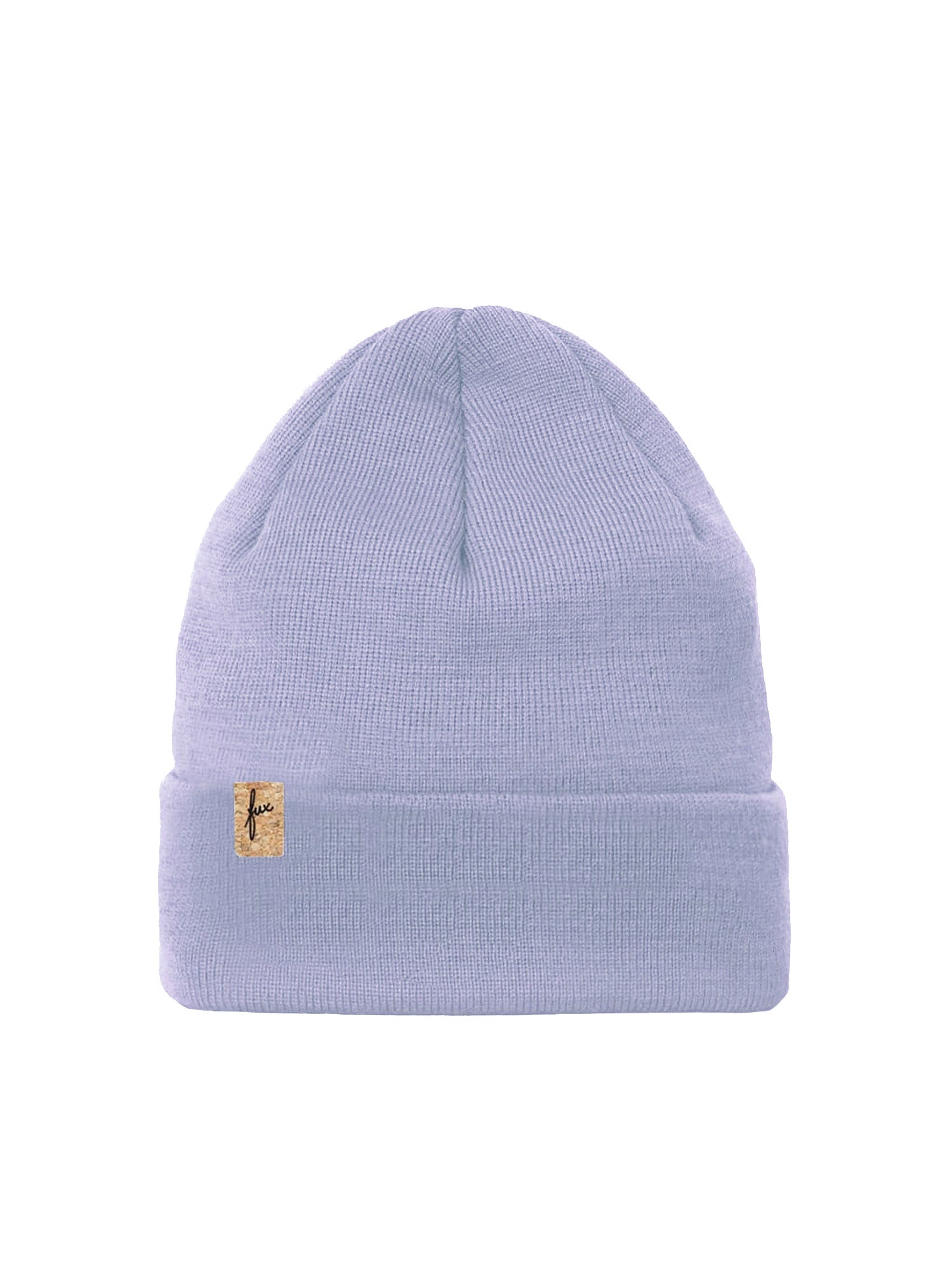 Nachhaltige Fair Fashion Merino Kork Beanie made in Germany in lavendel für Erwachsene aus 100% Merinowolle und dezentem fux Kork Patch