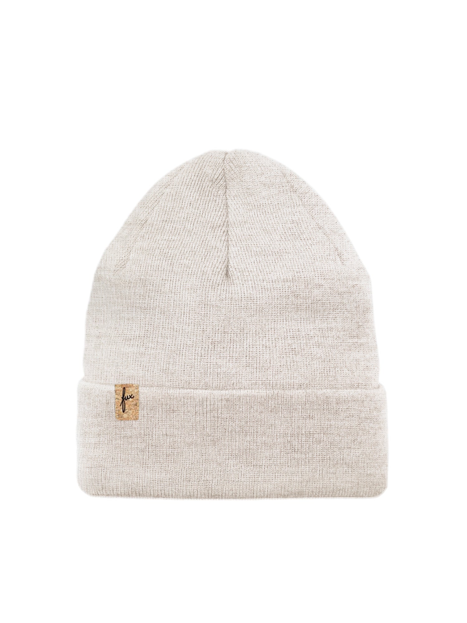 Nachhaltige Fair Fashion Merino Kork Beanie made in Germany in naturweiß für Erwachsene aus 100% Merinowolle und dezentem fux Kork Patch