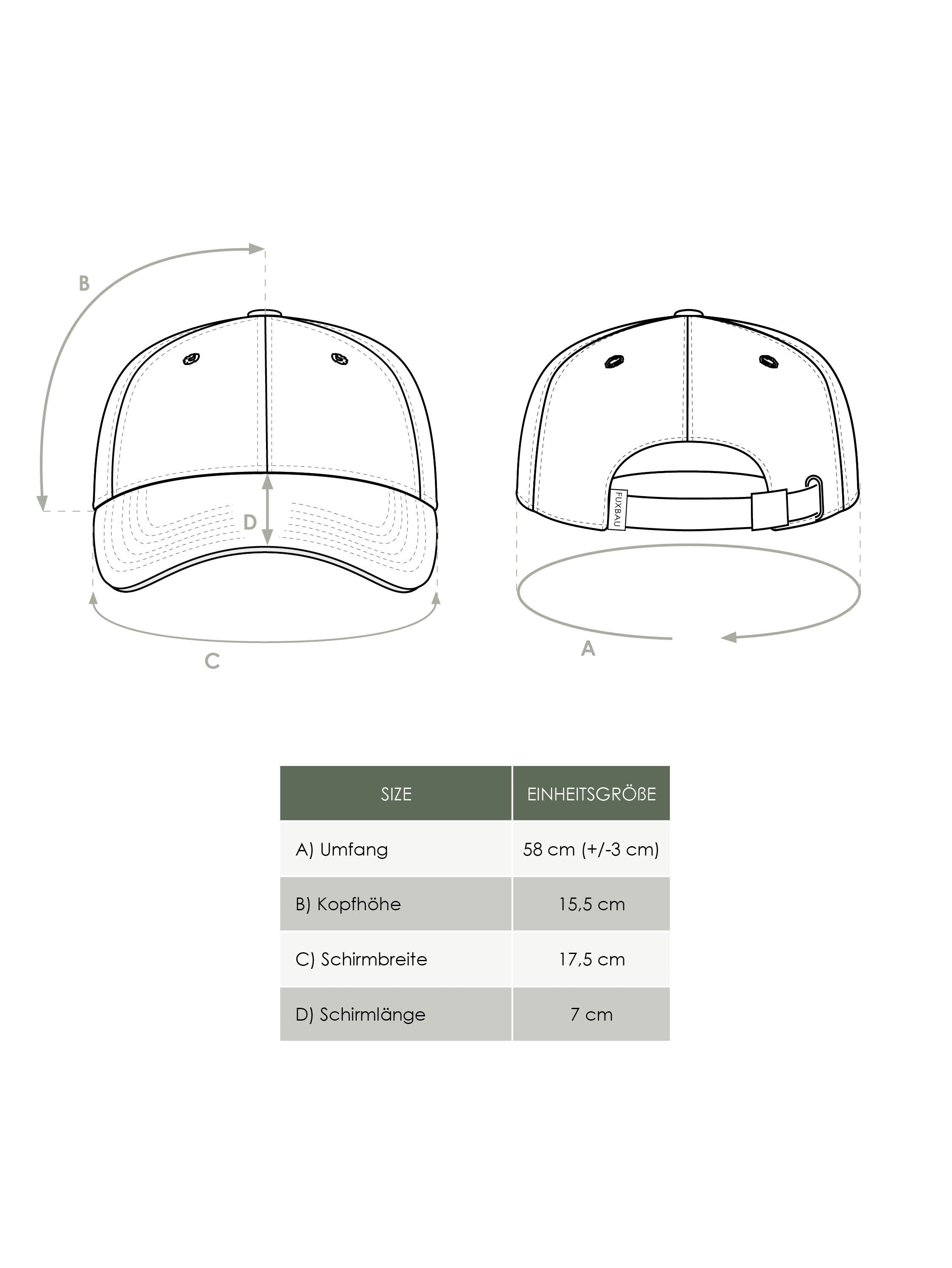 Maßtabelle FUXBAU Unisex Produkt Dad Cap aus 100% Biobaumwolle und fair in Polen hergestellt.