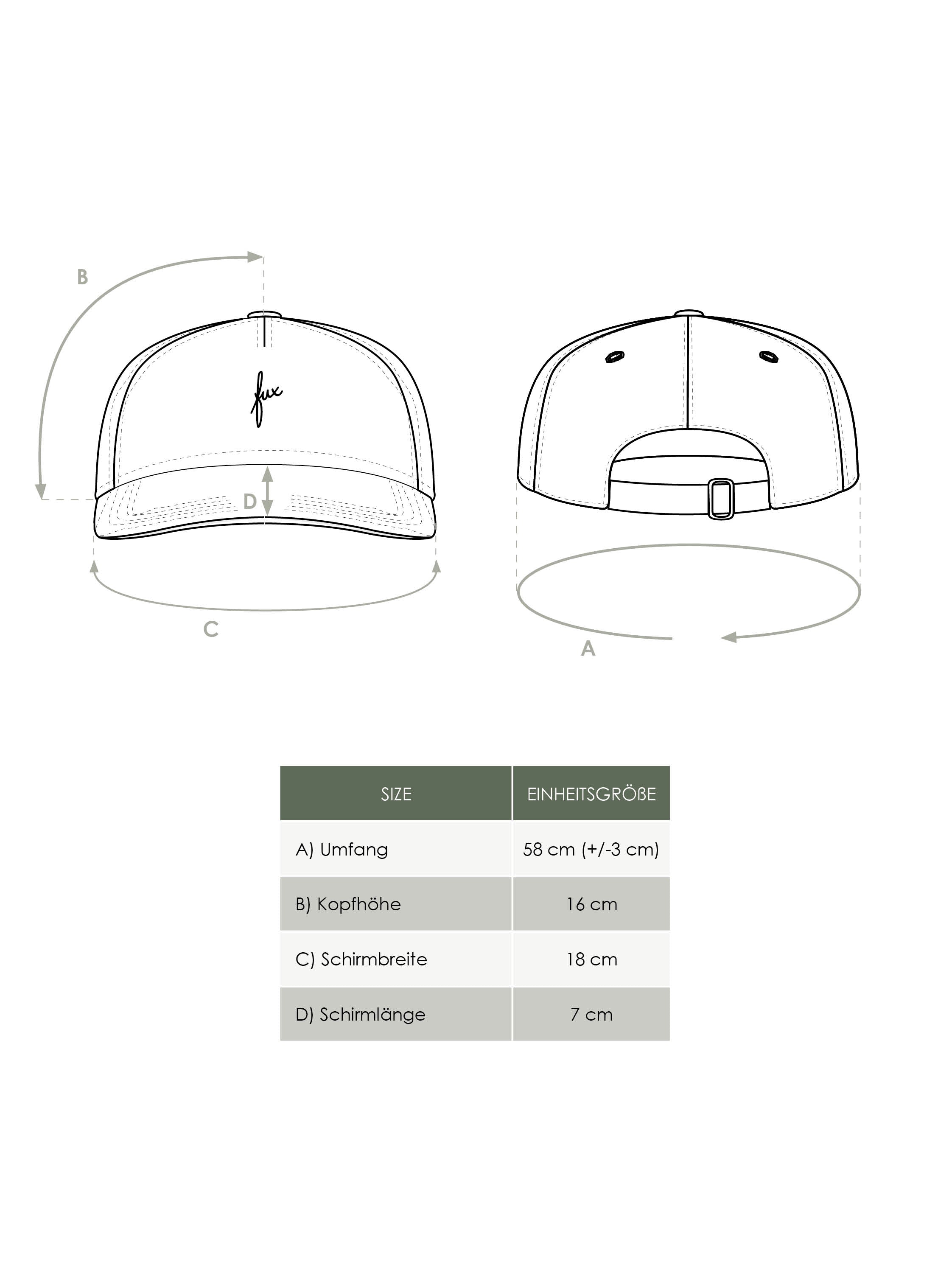 Maßtabelle FUXBAU Unisex Produkt fux Cap aus 100% Biobaumwolle und fair in Polen hergestellt.