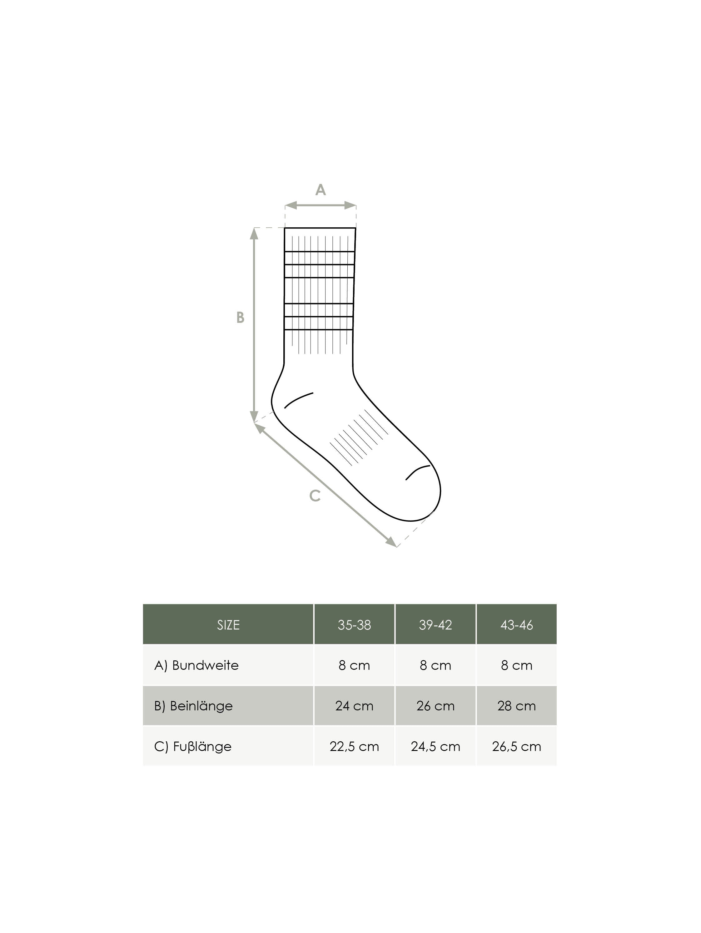 FUXBAU Produkt Maßtabelle Unisex Tennissocken aus Biobaumwolle und fair in Portugal hergestellt