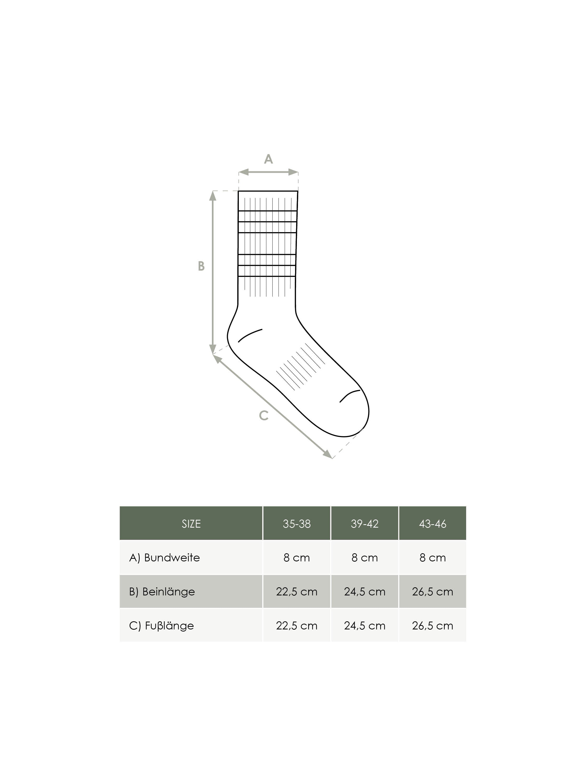 FUXBAU Produkt Maßtabelle Unisex Tennissocken aus GOTS zertifizierter Biobaumwolle und fair in Portugal hergestellt