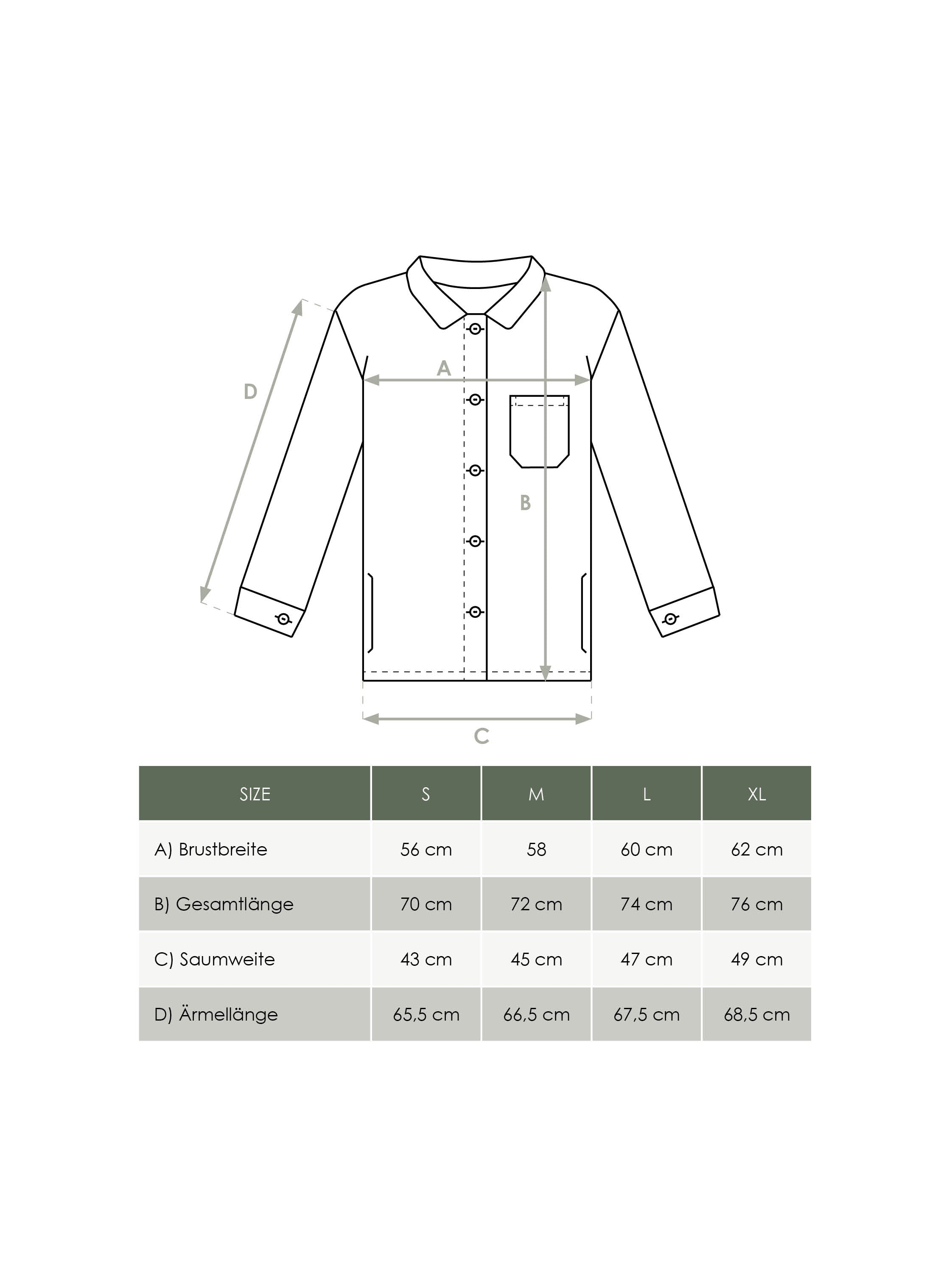 Maßtabelle eines nachhaltige Männer Overshirts von FUXBAU. Welche ist deine Größe?