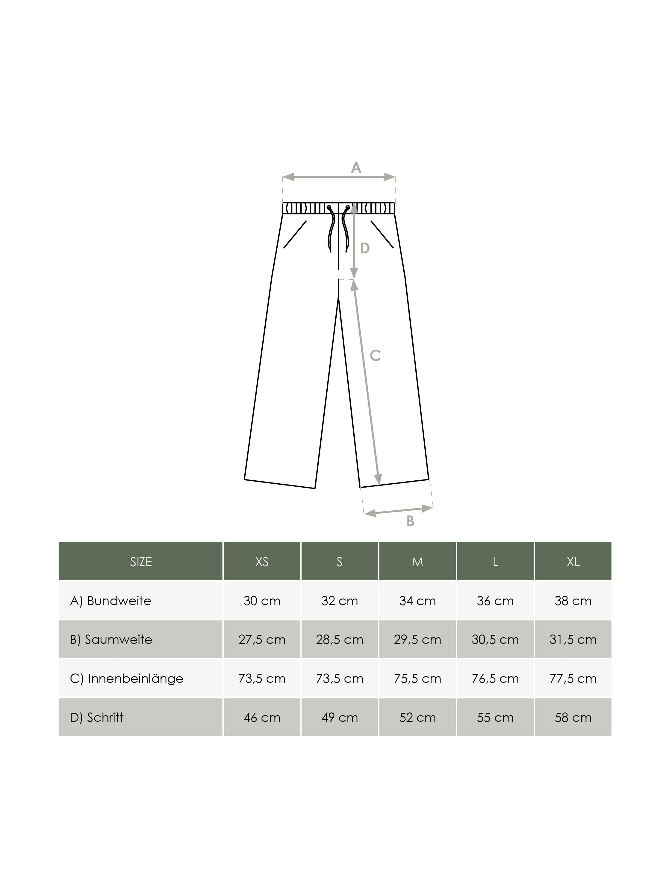 Größentabelle Nachhaltige lange Frauen Hose von FUXBAU. Welche ist deine Größe?