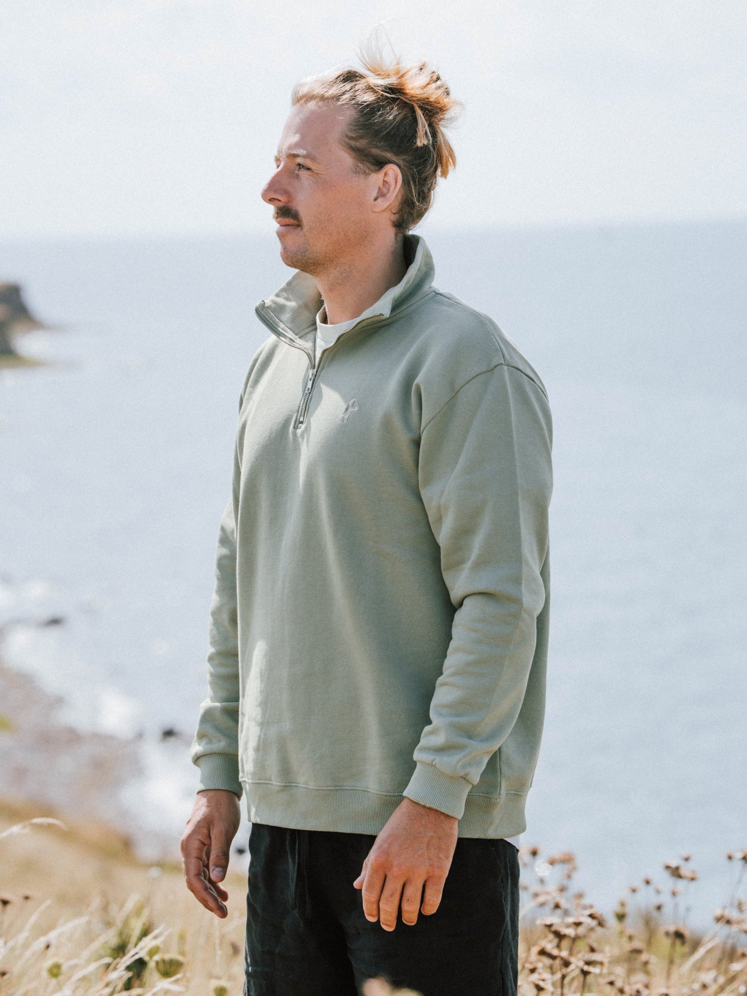 Männer Half Zip Sweater in Seegras aus Biobaumwolle in seitlicher Ansicht am Meer