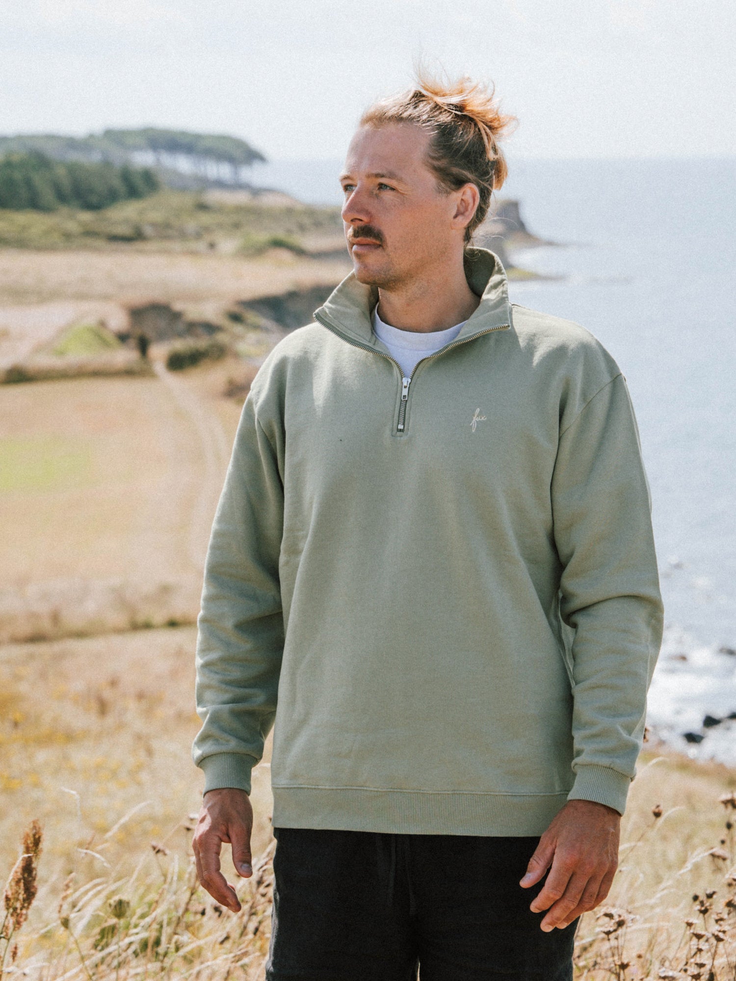 Männer Half Zip Sweater in Seegras aus Biobaumwolle mit hohem Kragen und Fux Stickerei