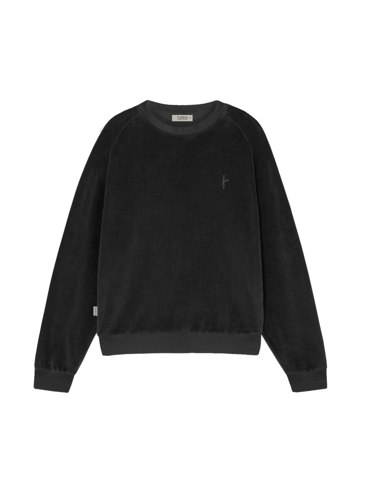 Fair Fashion FUXBAU Frauen Samt Sweater in schwarz aus 100% GOTS zertifizierter Biobaumwolle made in Portugal.