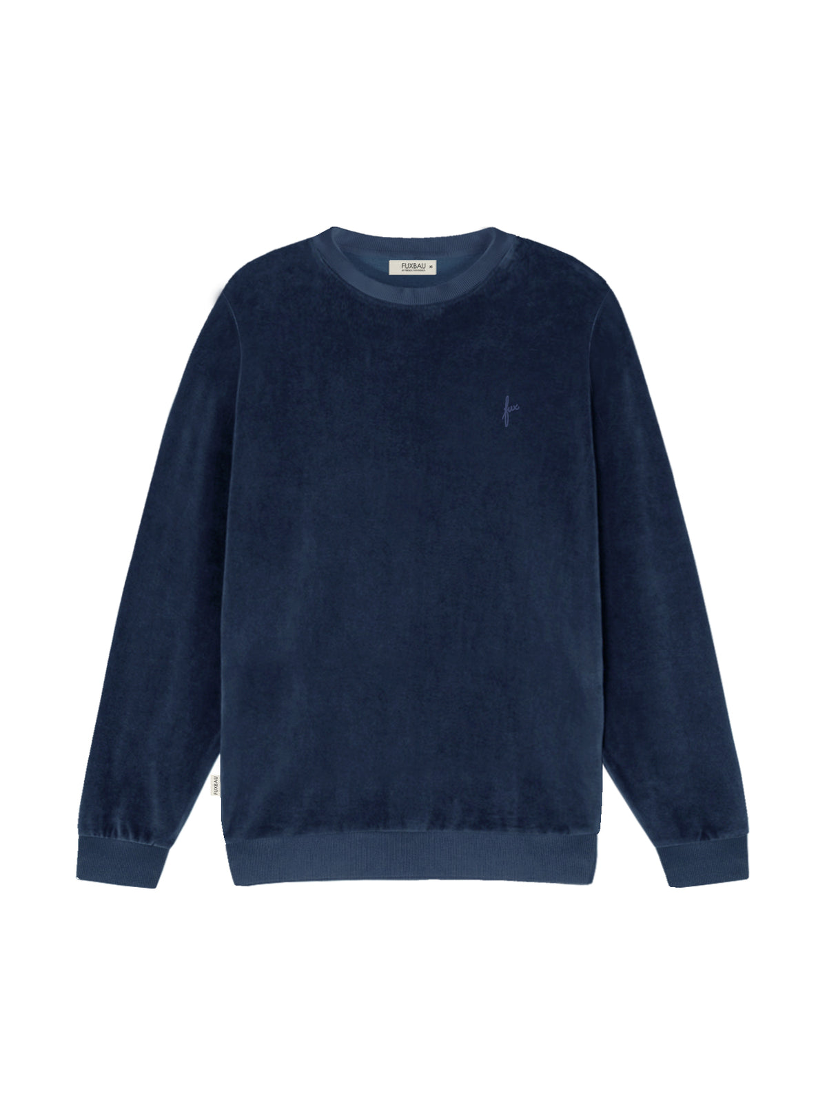 Fair Fashion FUXBAU Männer Samt Sweater in navy aus 100% GOTS zertifizierter Biobaumwolle made in Portugal.