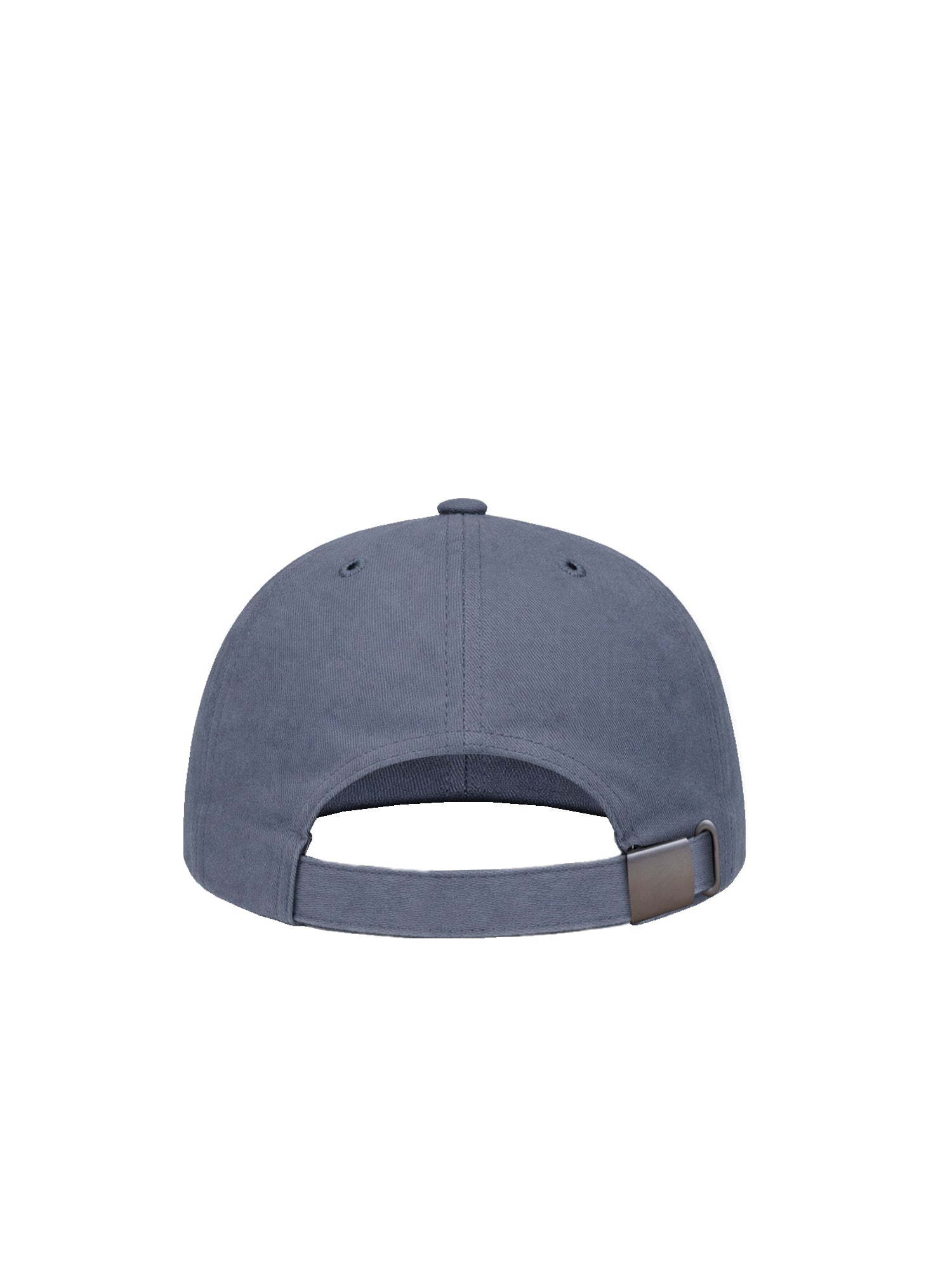 Rückseite einer nachhaltigen FUXBAU Dad Cap in blaugrau aus 100% Biobaumwolle und fair in Europa hergestellt.