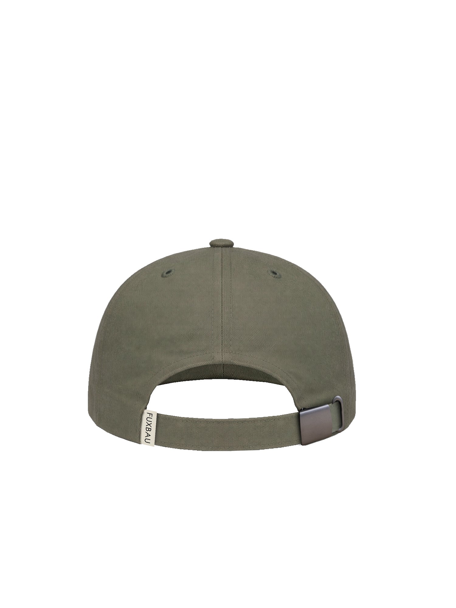 Rückseite einer nachhaltigen FUXBAU Dad Cap in olivegrün aus 100% Biobaumwolle und fair in Europa hergestellt.