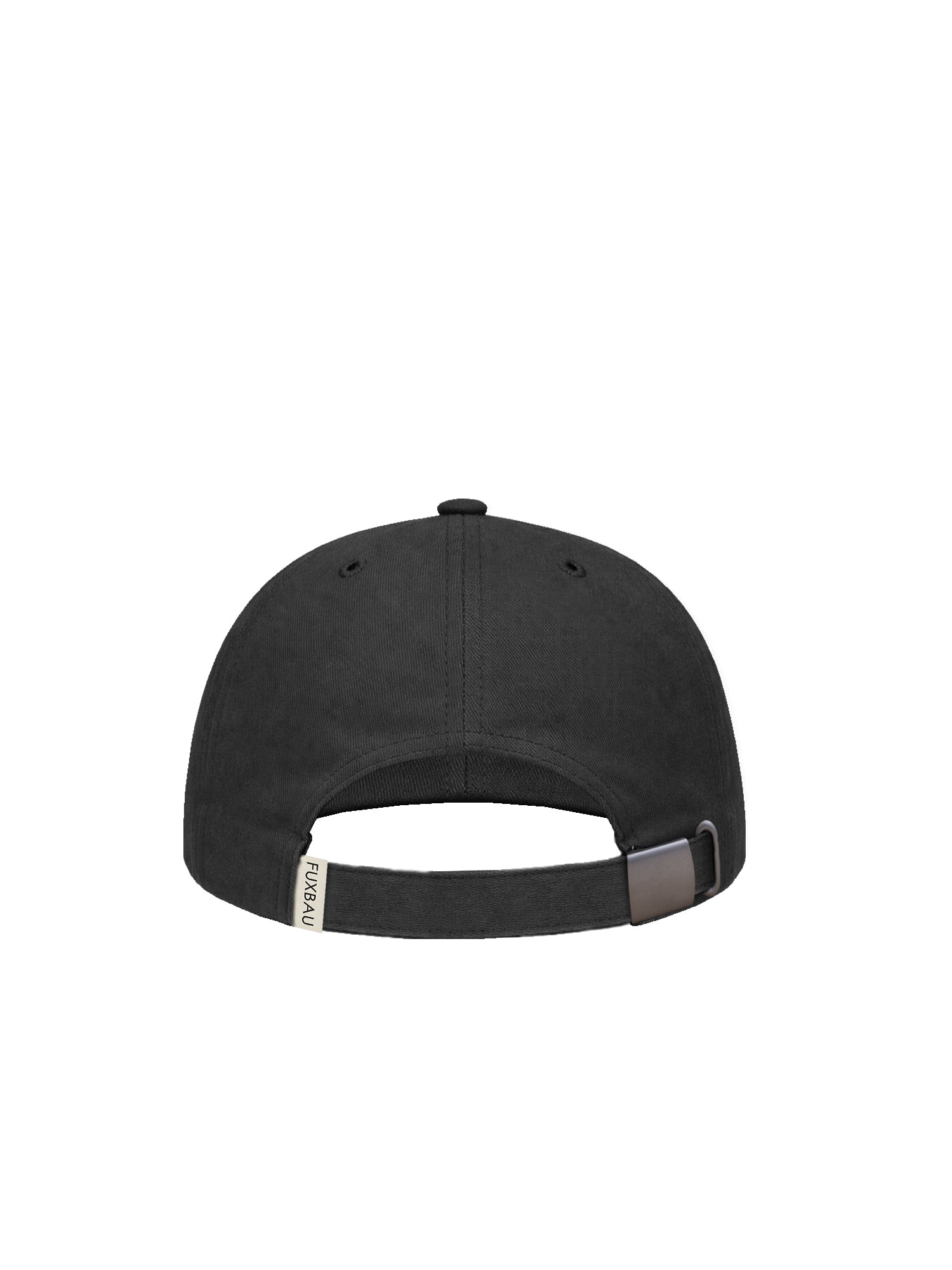Rückseite einer nachhaltigen FUXBAU Dad Cap in schwarz aus 100% Biobaumwolle und fair in Europa hergestellt.