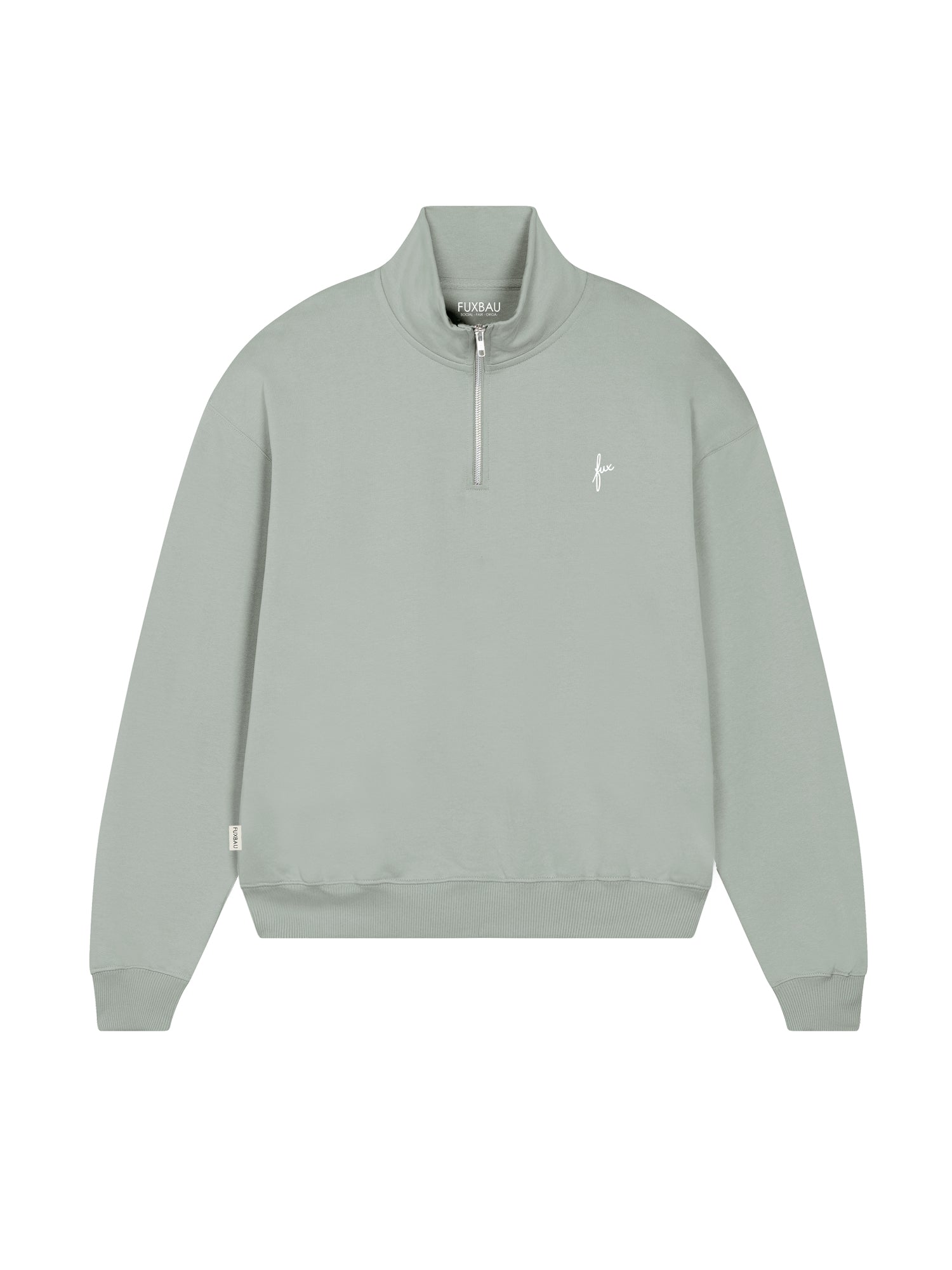 Frauen Half Zip Sweater in Seegras aus Biobaumwolle mit Reißverschluss und Fux Stickerei