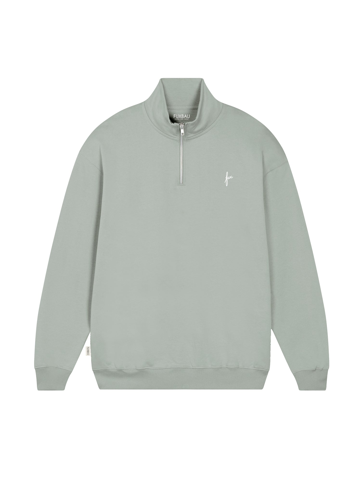 Männer Half Zip Sweater in Seegras aus Biobaumwolle mit Reißverschluss und Fux Stickerei