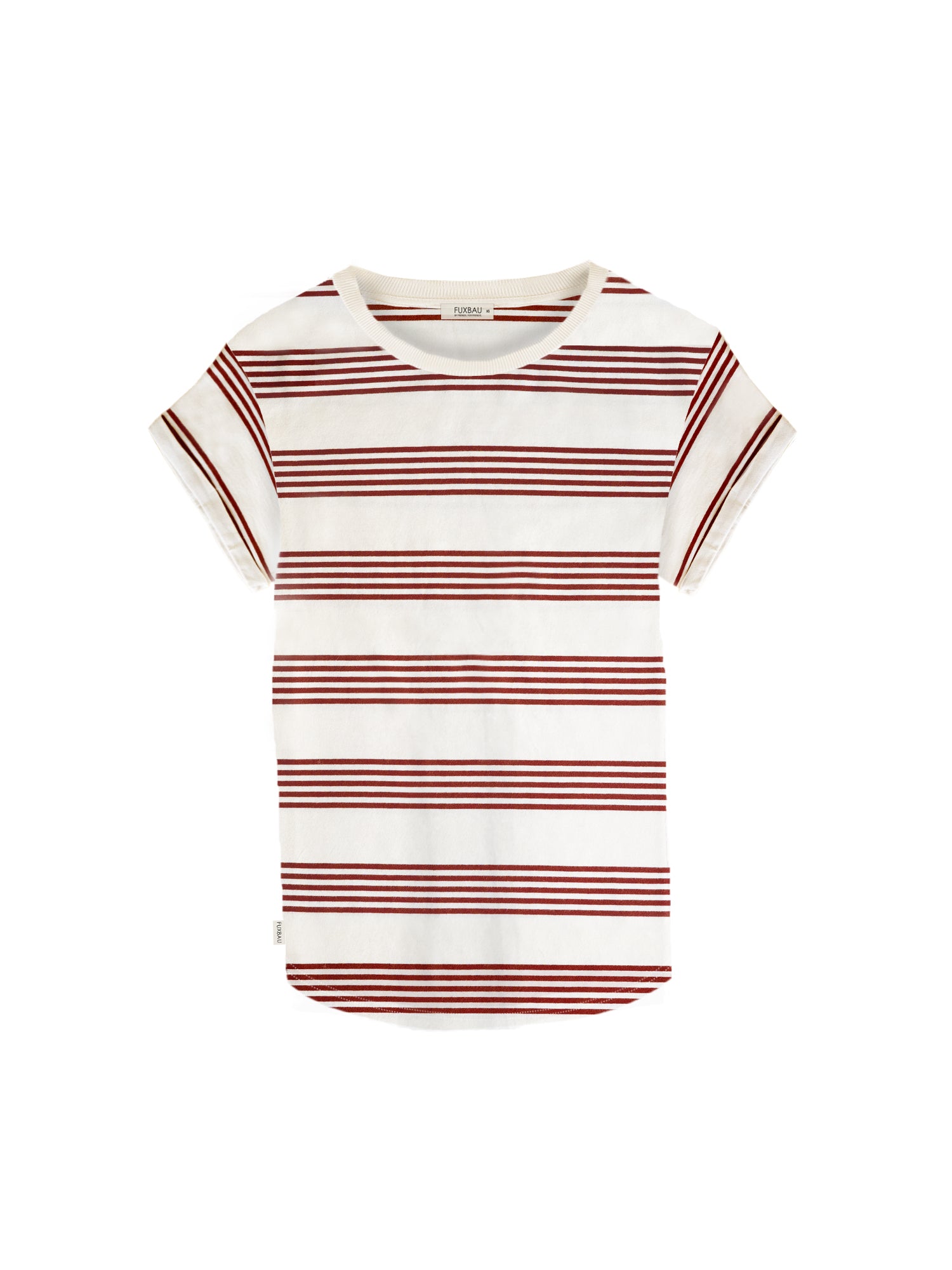 Fair Fashion Frauen Streifenshirt in weiss mit bordeaux Streifen aus Reststoffen. Made in Portugal.