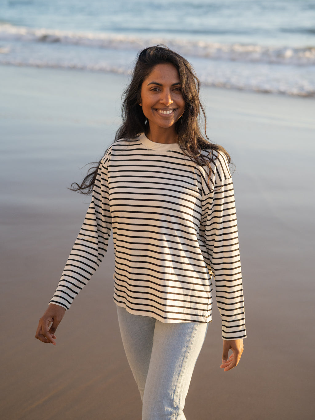 Frauen Streifen Longsleeve - weiss schwarz