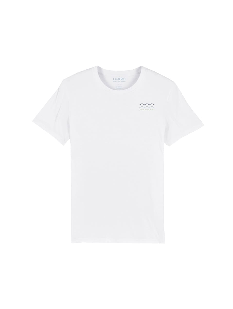 Produktbild eines nachhaltiges Fair Fashion T-Shirt von FUXBAU in weiss mit gestickten Wellen aus 100% Biobaumwolle.